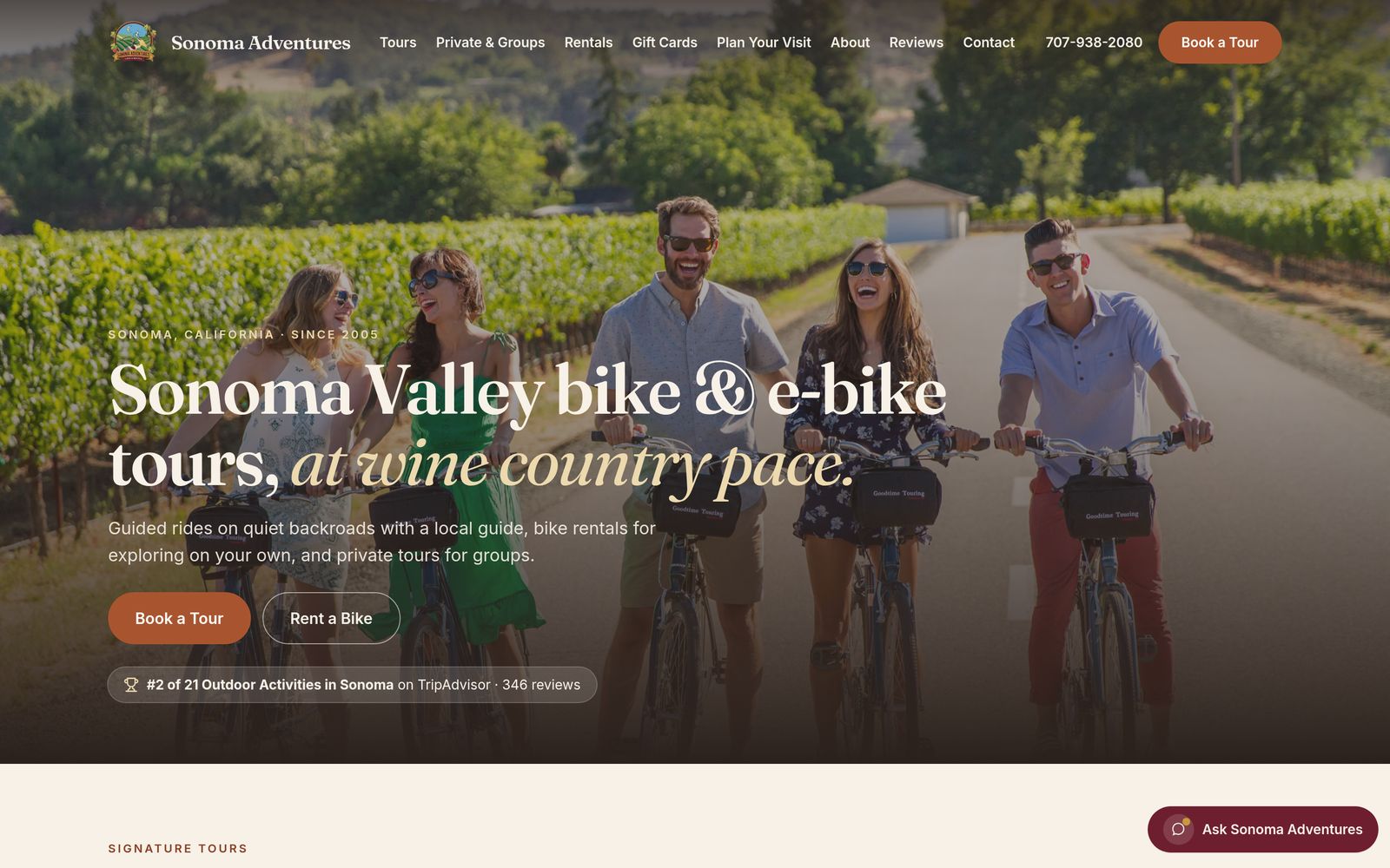 The Sonoma Adventures homepage: Sonoma Valley bike and e-bike tours